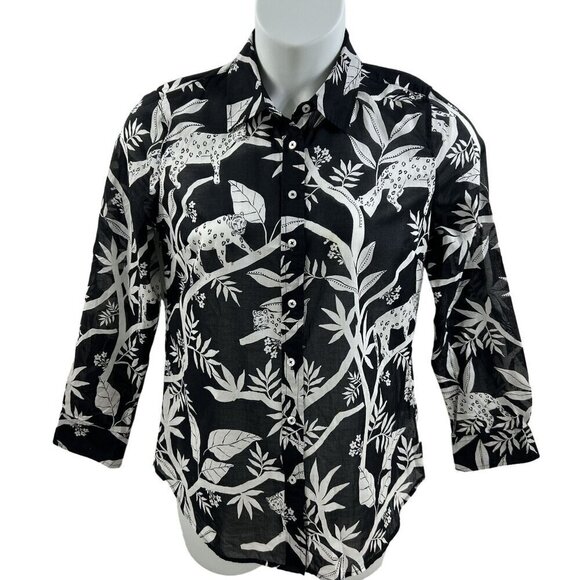 Talbots M Shirt Tropical Panther Jungle Cat Print Sheer Blouse Black White Top - Picture 1 of 11